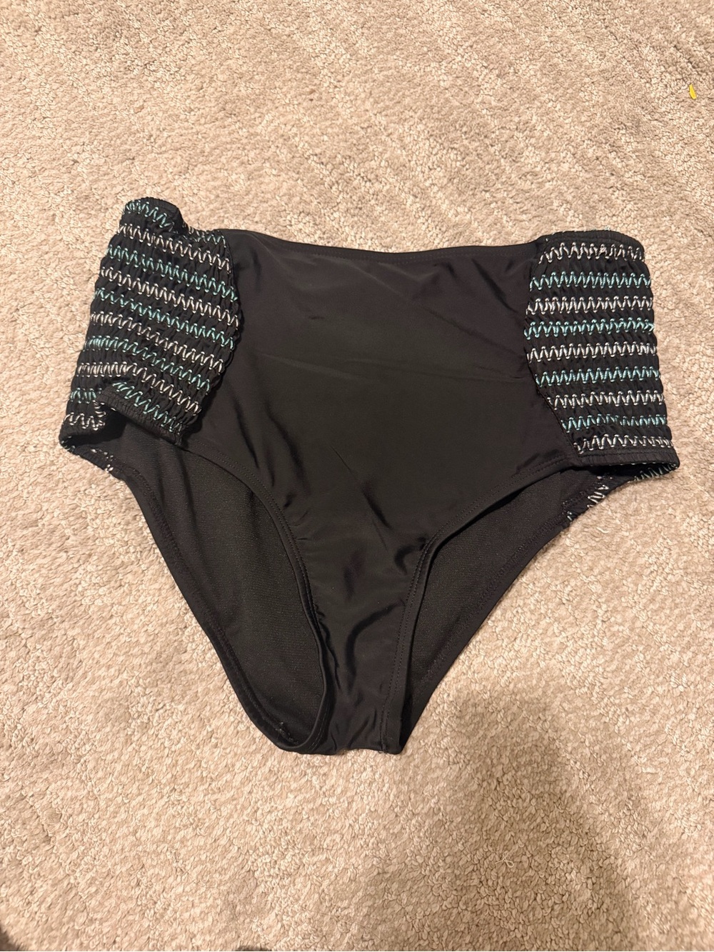 High-Waist Black Women’s Swim Bottom with Textured Side Panels
